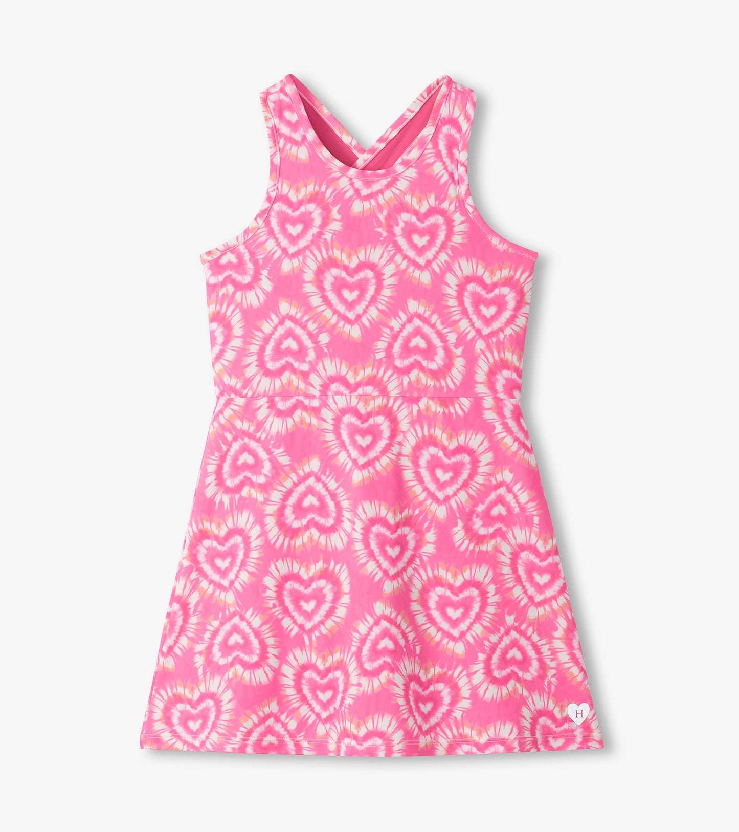 Pink sleeveless A-line dress with heart tie-dye print and scoop neckline, front view