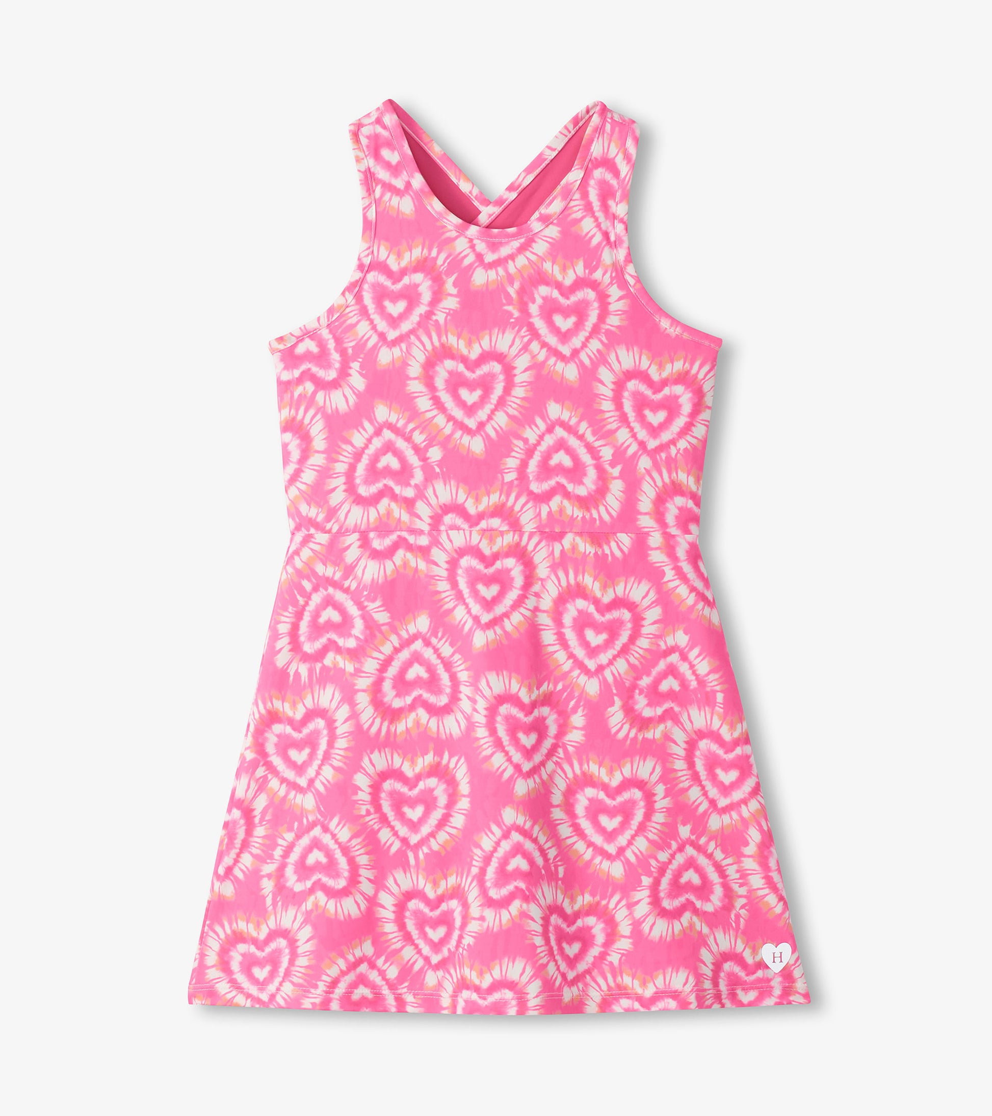 Pink sleeveless A-line dress with heart tie-dye print and scoop neckline, front view