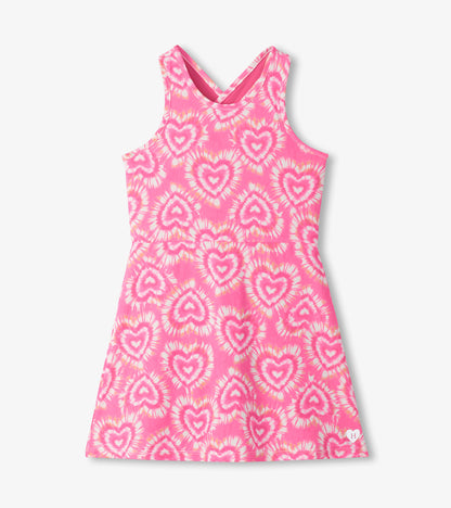 Pink sleeveless A-line dress with heart tie-dye print and scoop neckline, front view