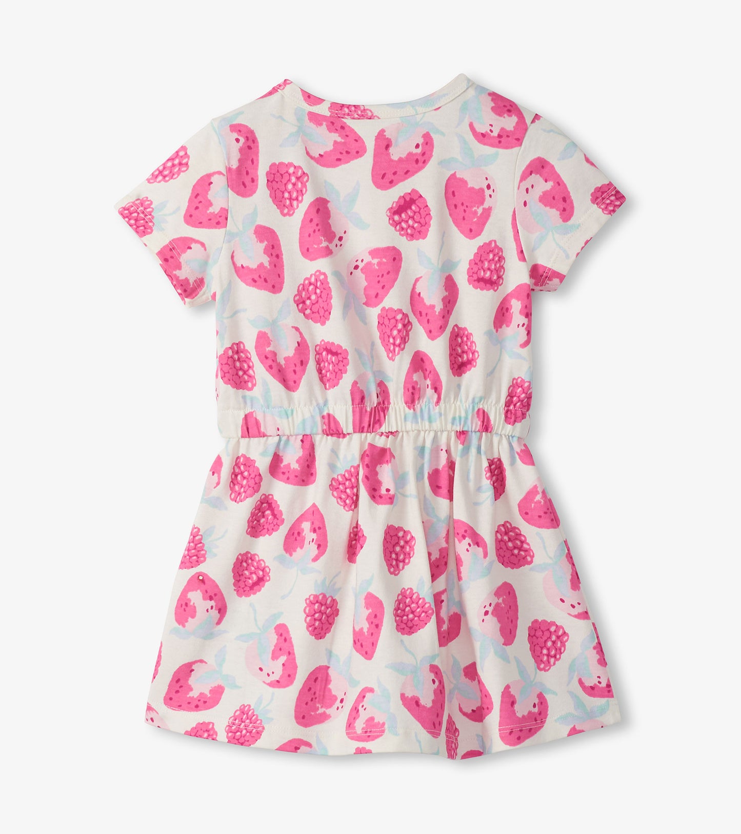 Short-sleeve girls dress with white background and pink berry print, gathered waist, front view