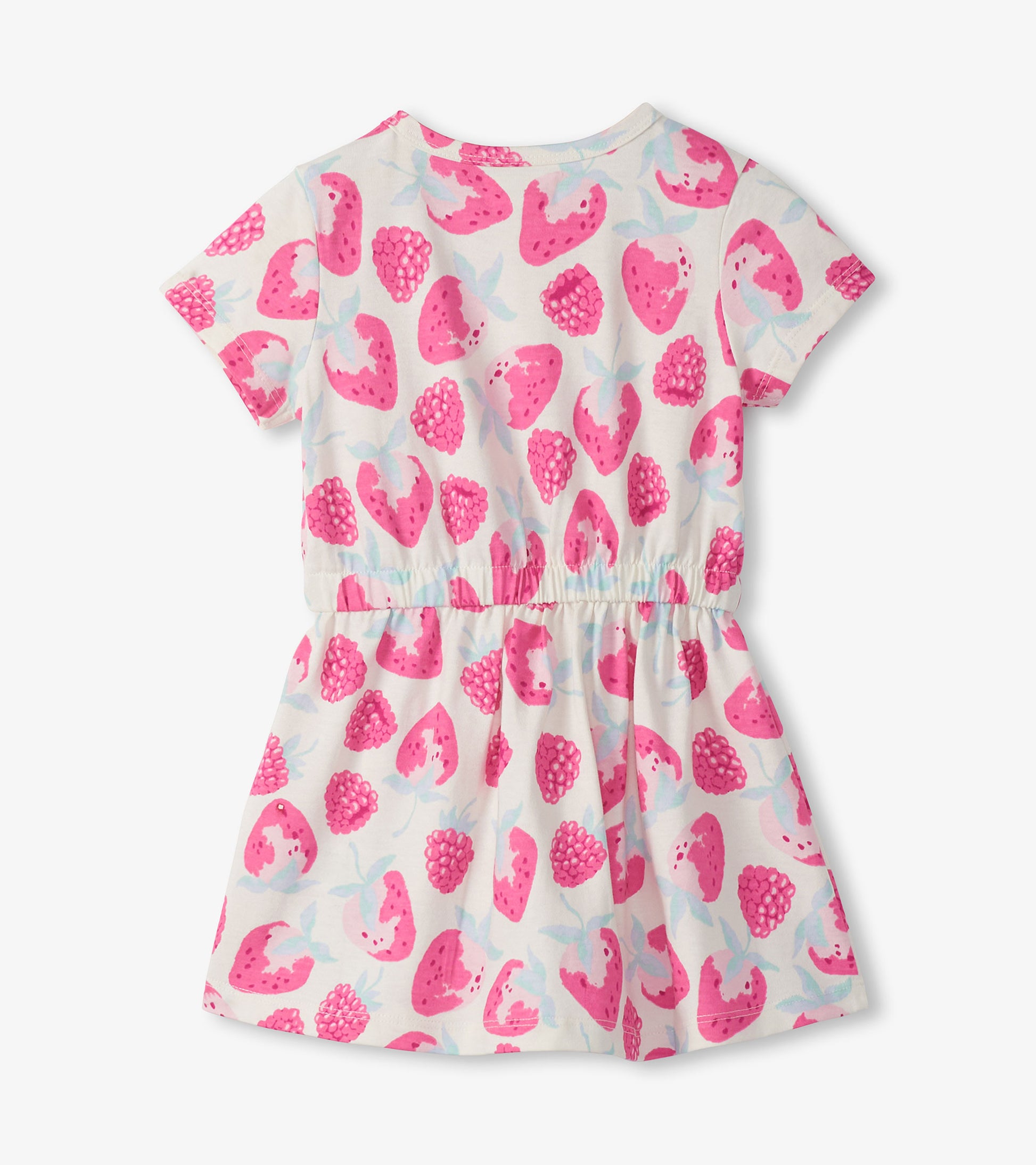 Short-sleeve girls dress with white background and pink berry print, gathered waist, front view