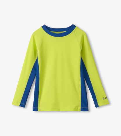 Lime and blue long-sleeve boys rashguard with crew neck, front view