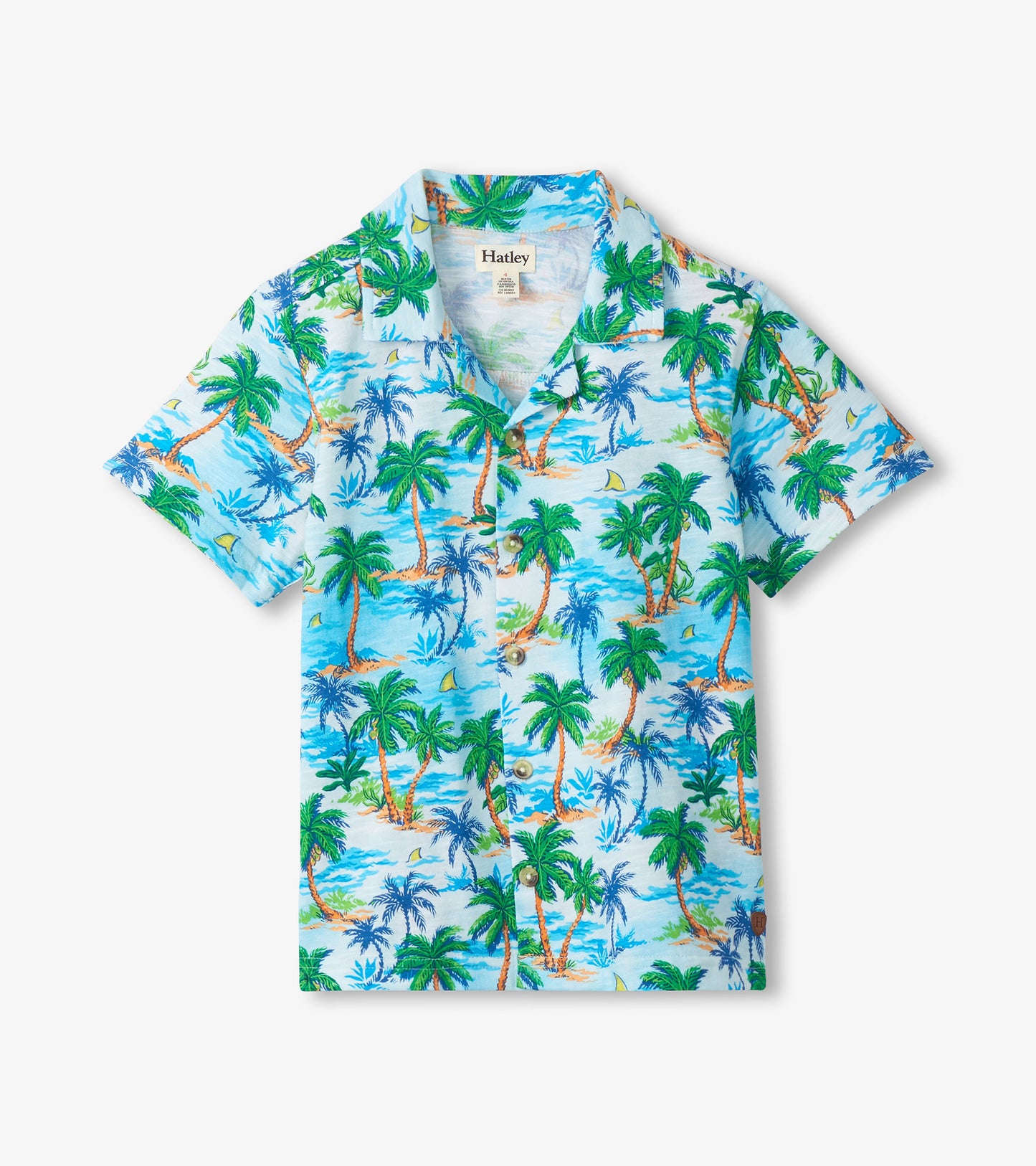 Short-sleeve button-down shirt with light blue tropical palm tree print and collar, front view
