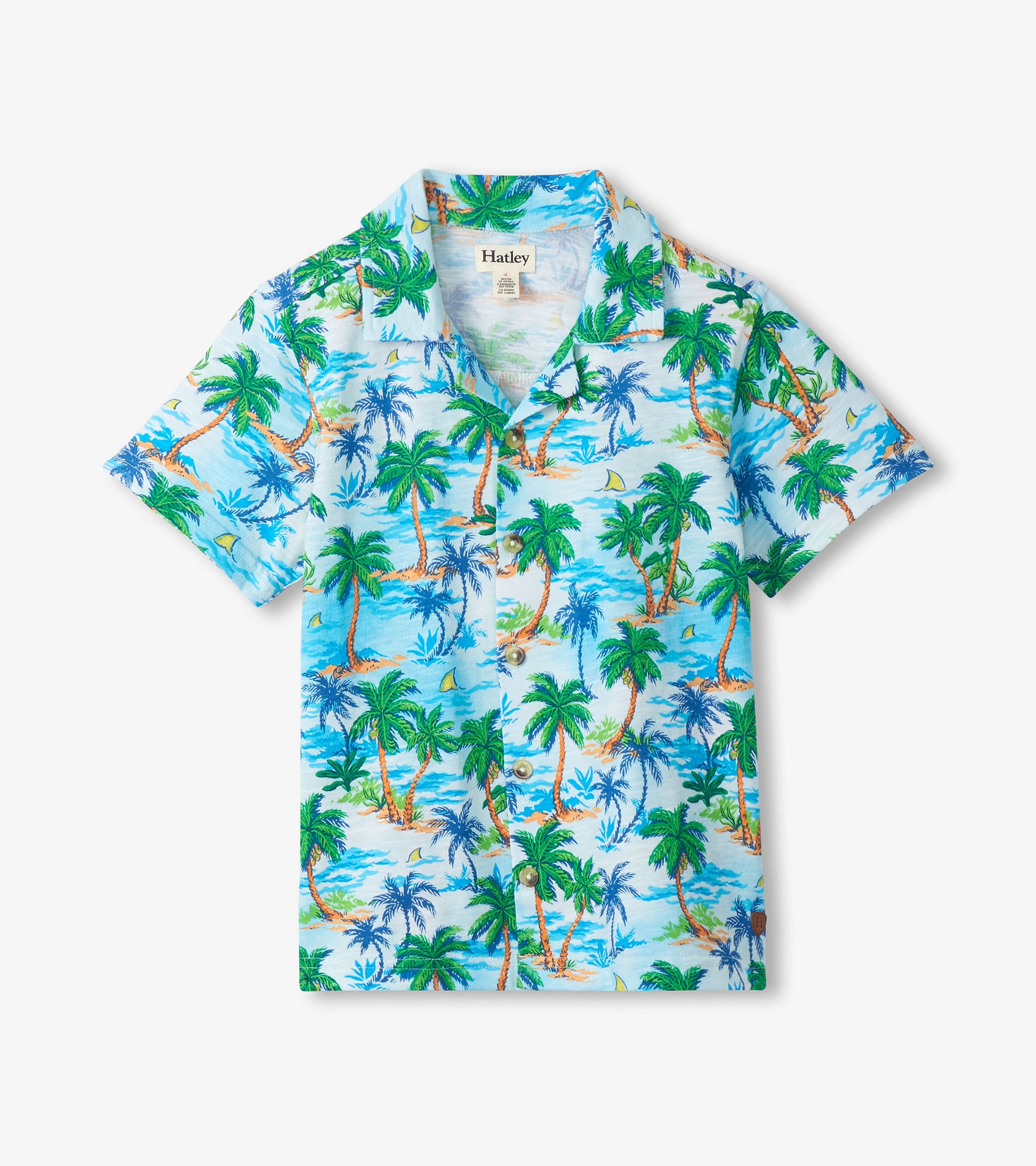 Short-sleeve button-down shirt with light blue tropical palm tree print and collar, front view