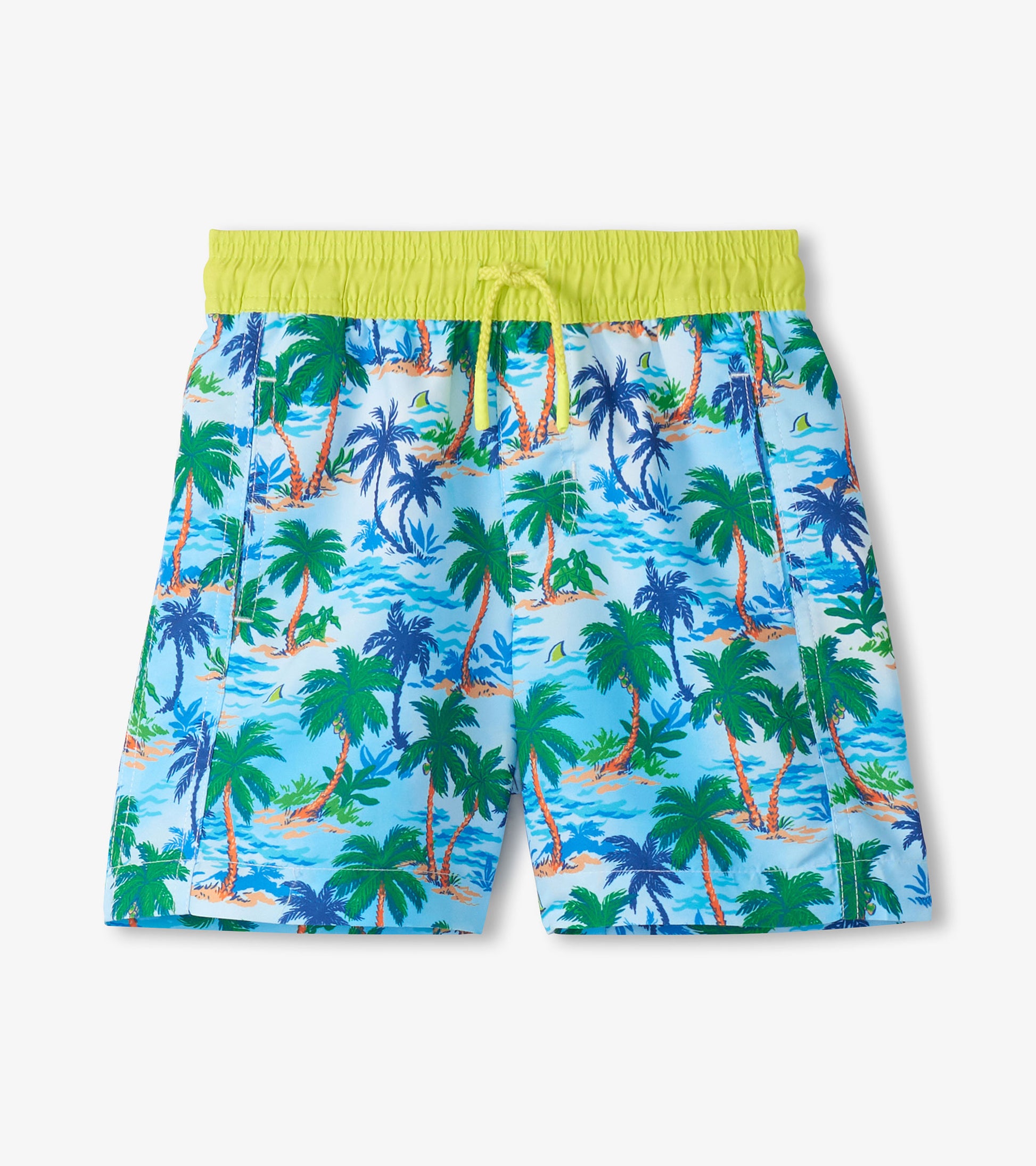 Blue boys swim trunks with tropical palm tree print and lime green elastic waistband, front view