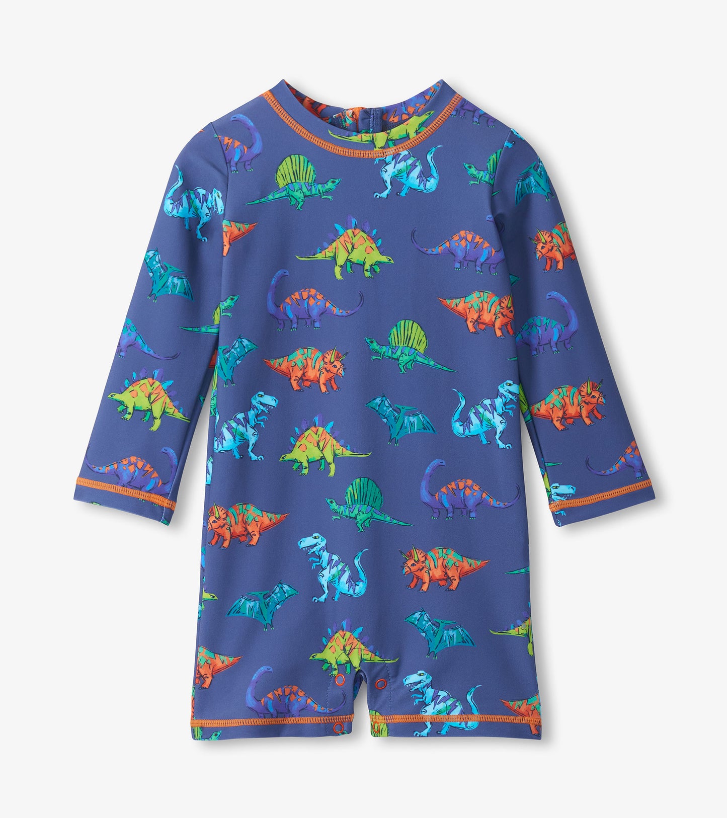 Long-sleeve navy baby rashguard swimsuit with colorful dinosaur print and orange trim, front view