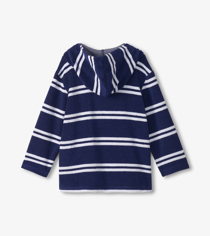 Navy hooded long-sleeve cover-up with white horizontal stripes, front view, soft terry fabric.