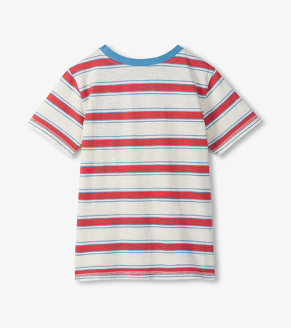 Back view of a white crew neck T-shirt with red and blue horizontal stripes and blue collar trim