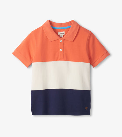 Short-sleeve color block polo shirt with orange, white, and navy stripes, front view