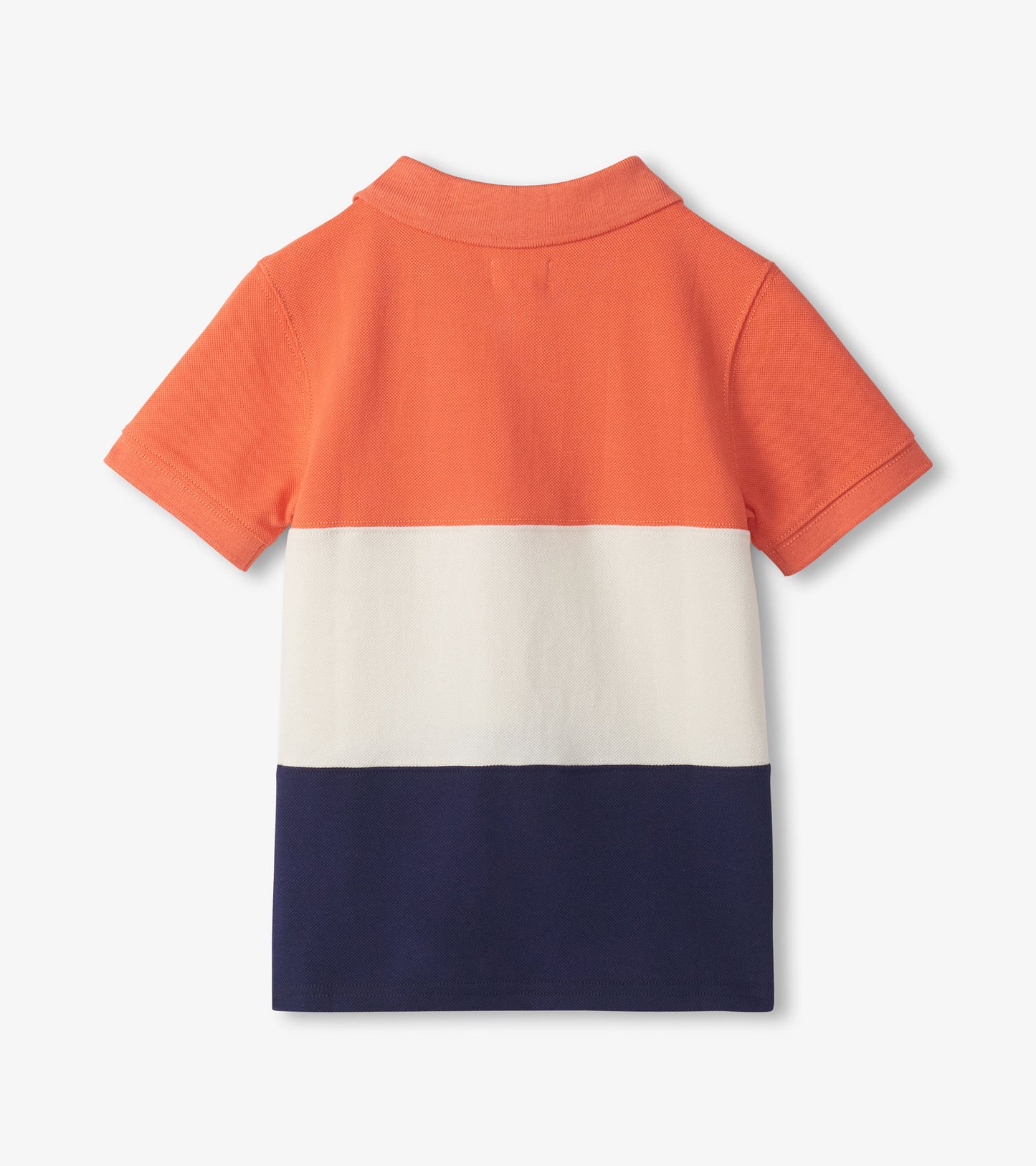 Back view of a boys polo shirt with orange, white, and navy color blocks and short sleeves