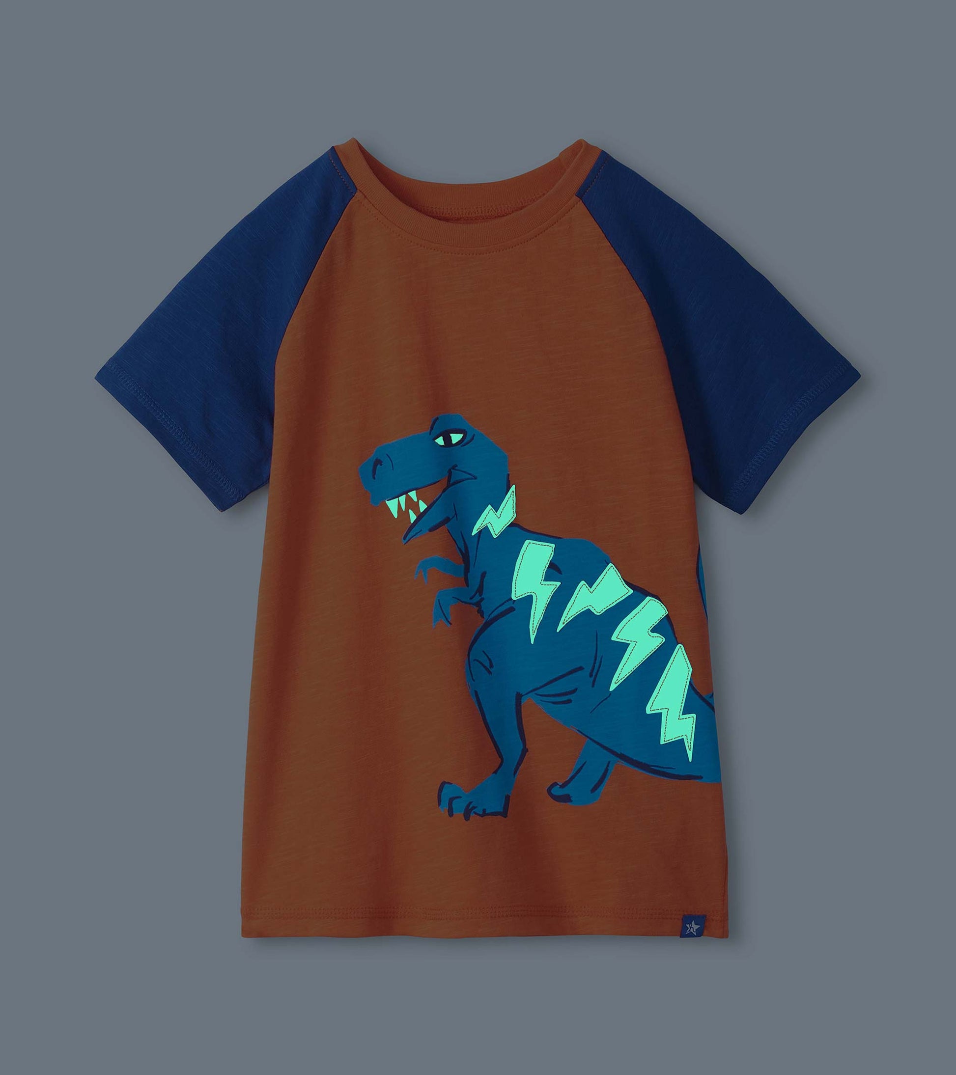 Orange and navy raglan T-shirt with a blue dinosaur and lightning bolt graphic on the front