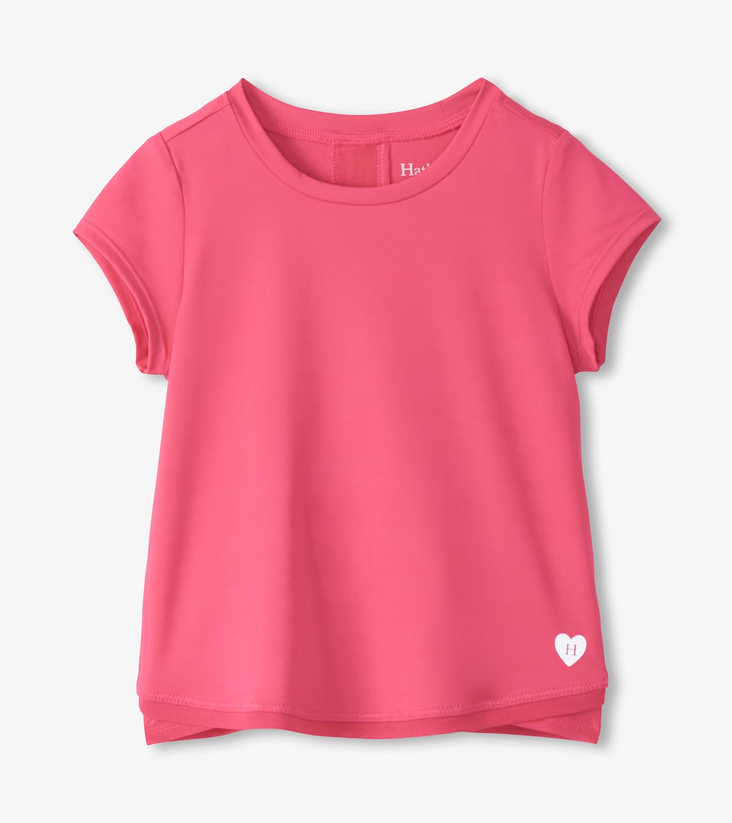 Pink short-sleeve girls T-shirt with mesh trim and a small heart logo at the hem, front view.