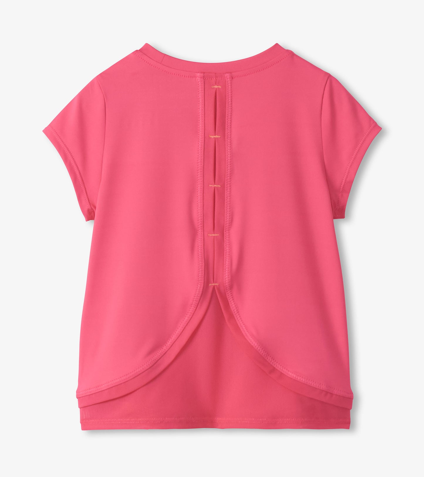Pink girls T-shirt with mesh trim and back keyhole detail, shown from the back