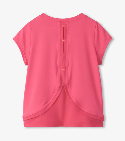 Pink girls T-shirt with mesh trim and back keyhole detail, shown from the back