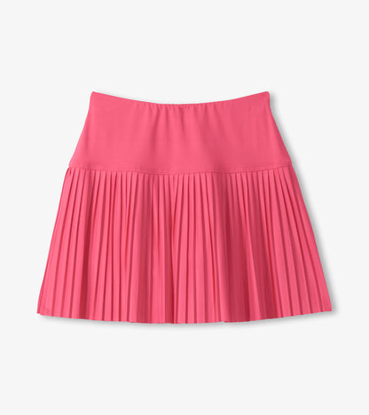 Pink girls sporty skort with pleated skirt and smooth high waistband, front view