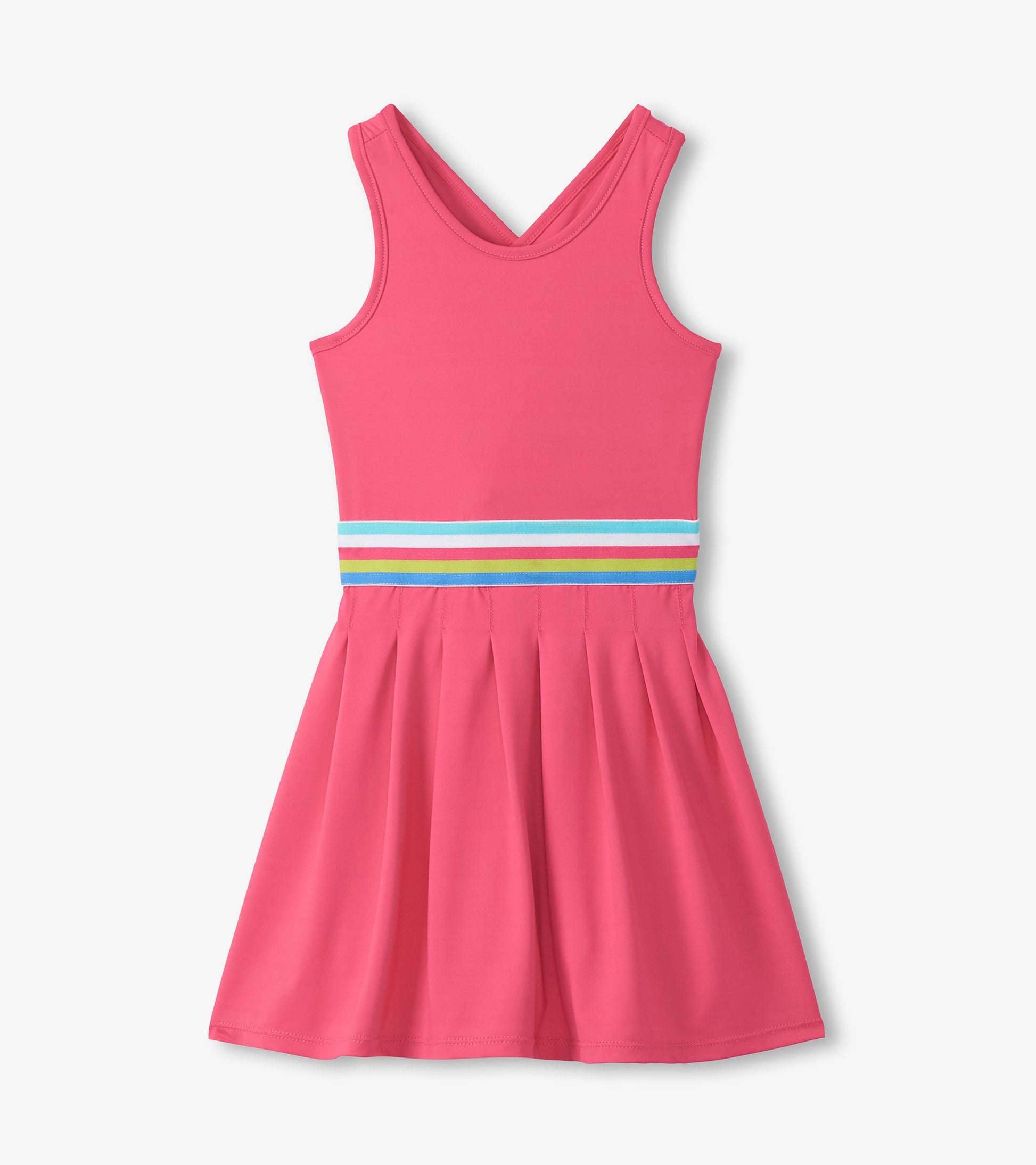 Girls bright pink sleeveless active dress with pleated skirt and multicolor striped waistband