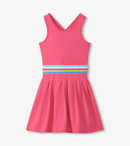Girls bright pink sleeveless active dress with pleated skirt and multicolor striped waistband
