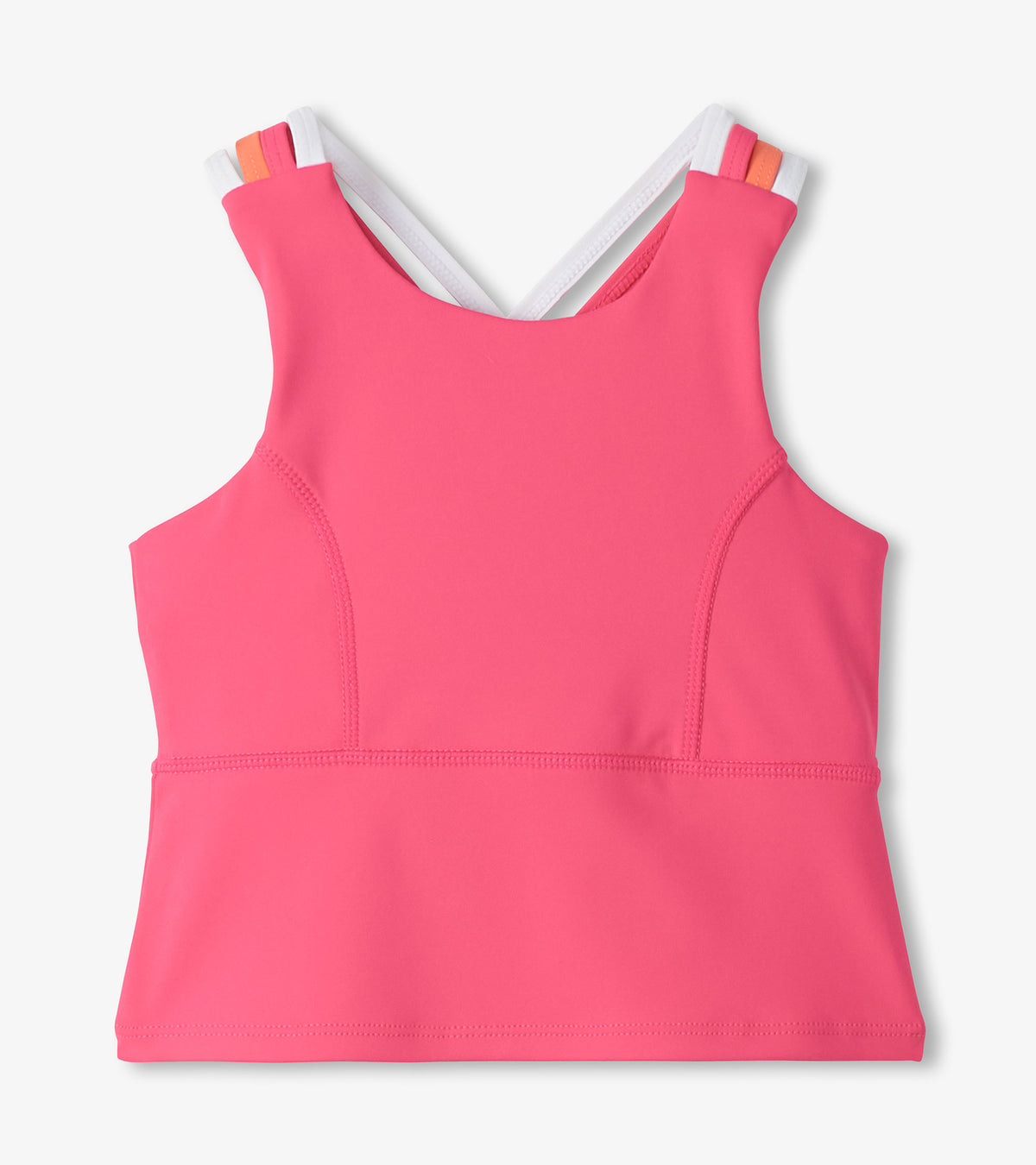 Pink girls active tank top with strappy back and white trim, front view