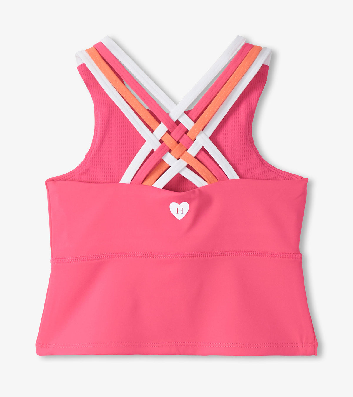 Pink girls active tank top with multicolor crisscross straps and small heart logo, front view