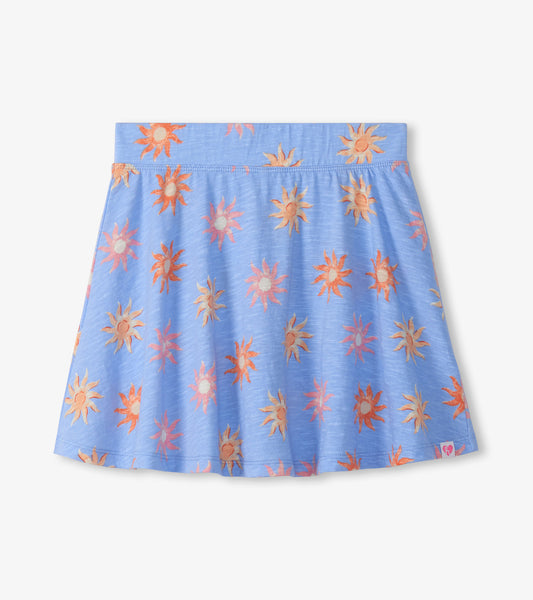 Blue girls skort with orange and pink sun print, wide waistband, front view