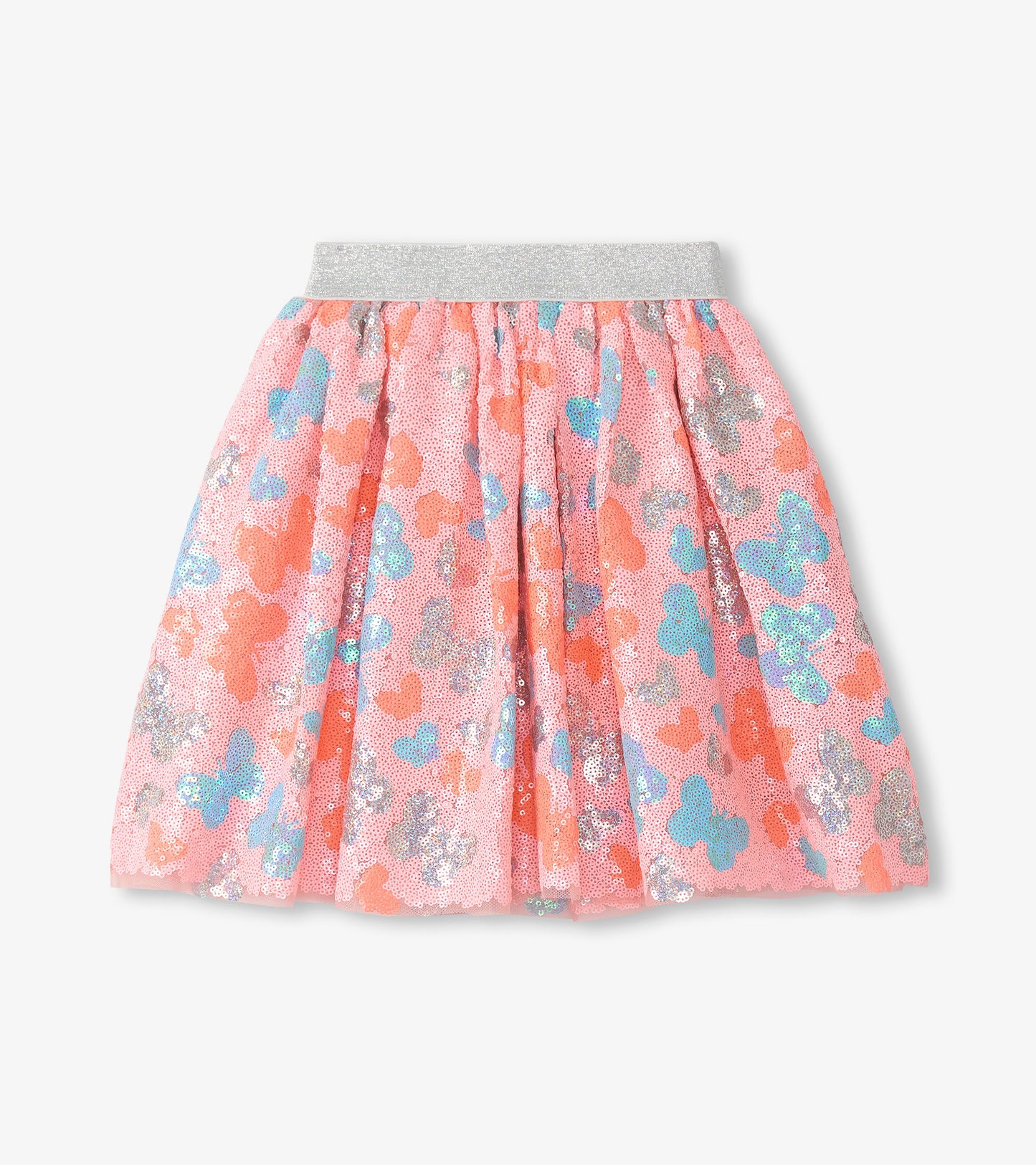 Pink sequin girls skirt with butterfly pattern and silver elastic waistband, front view