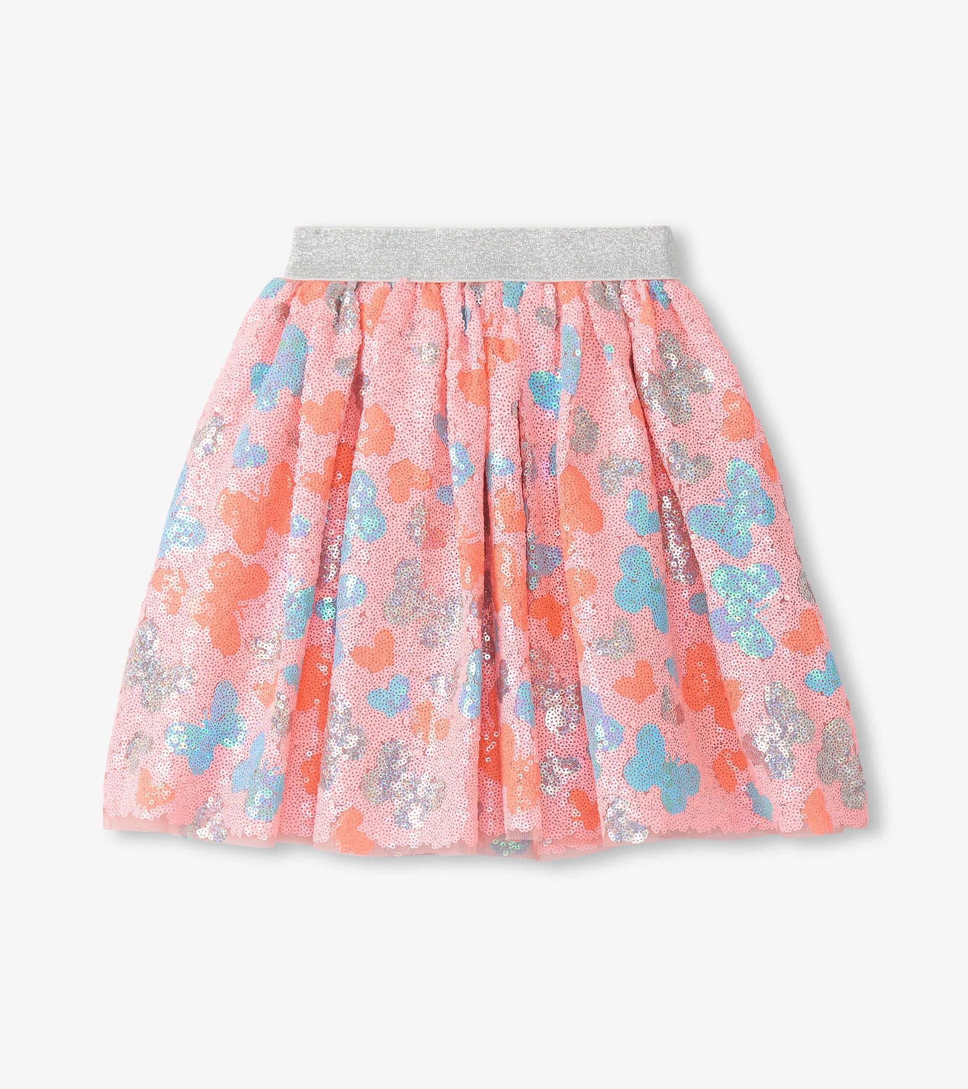 Pink sequin girls skirt with butterfly pattern and silver elastic waistband, front view