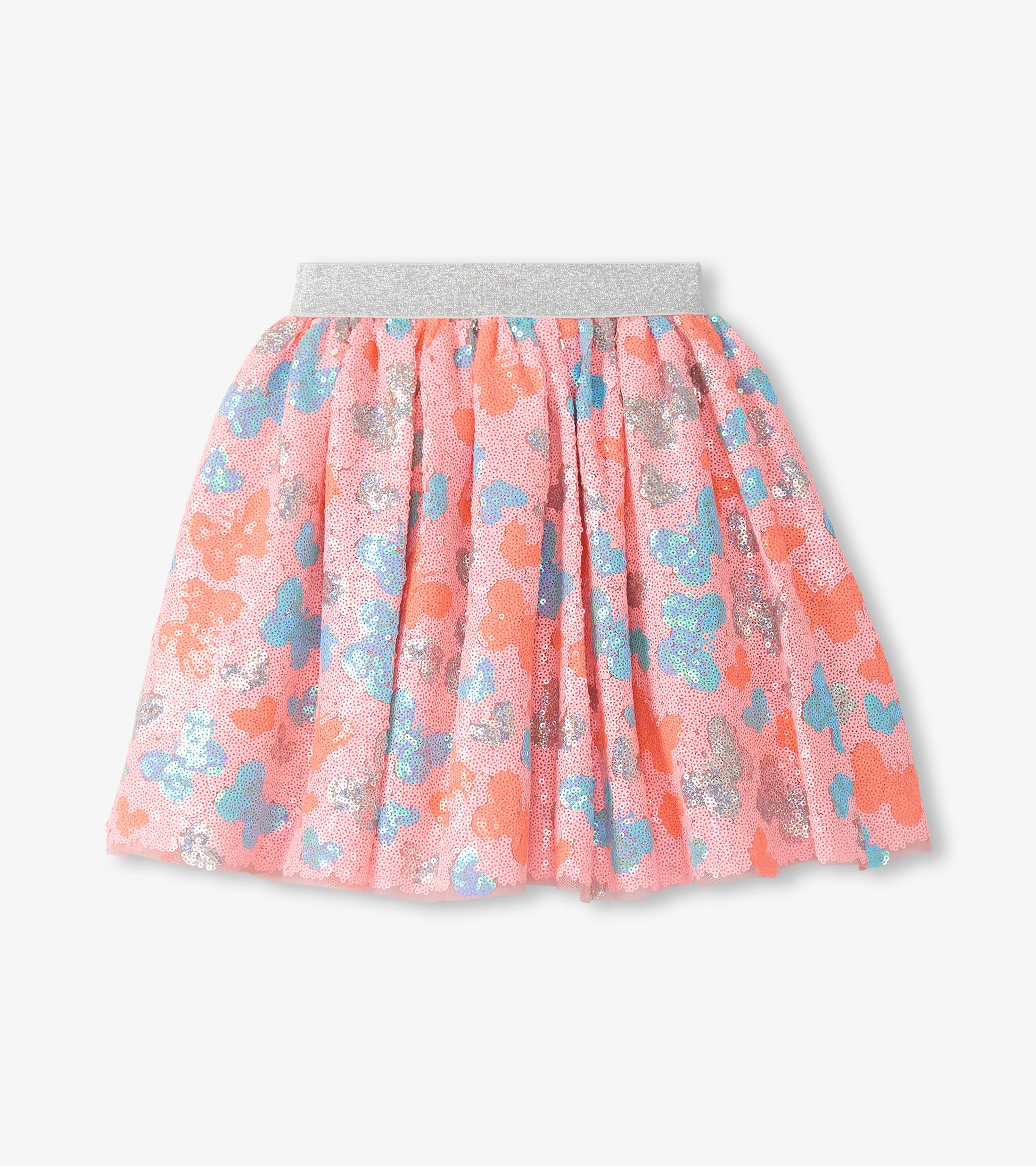 Pink sequin girls skirt with butterfly pattern and silver glitter waistband, front view