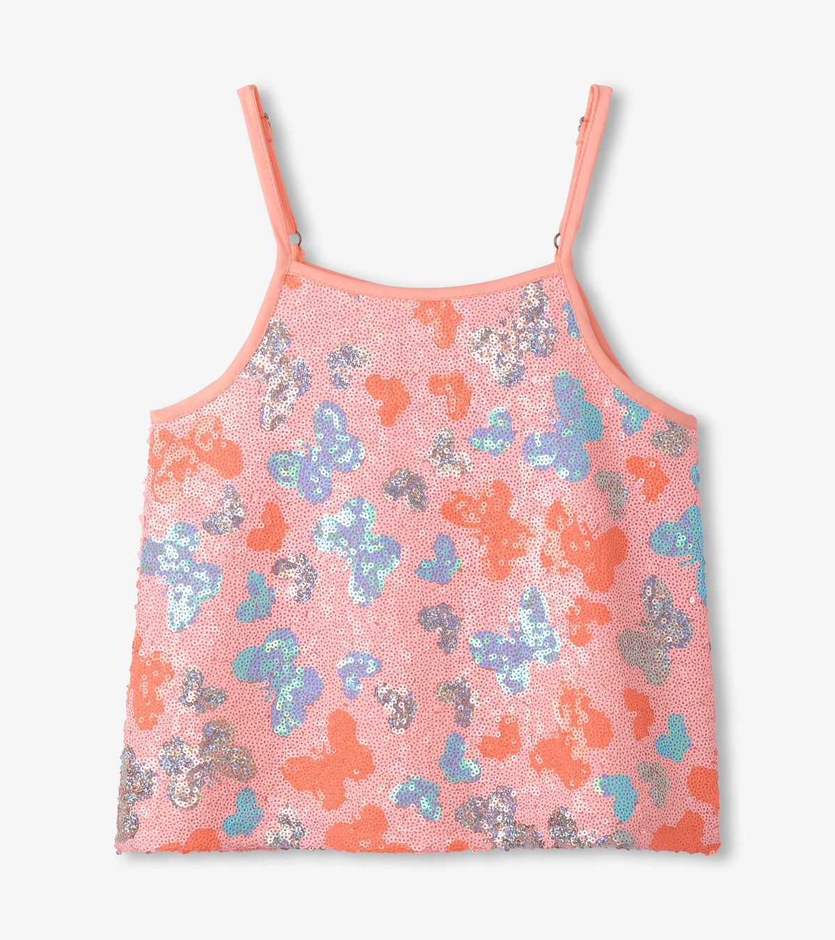 Pink sequin butterfly-print girls tank top with spaghetti straps, front view