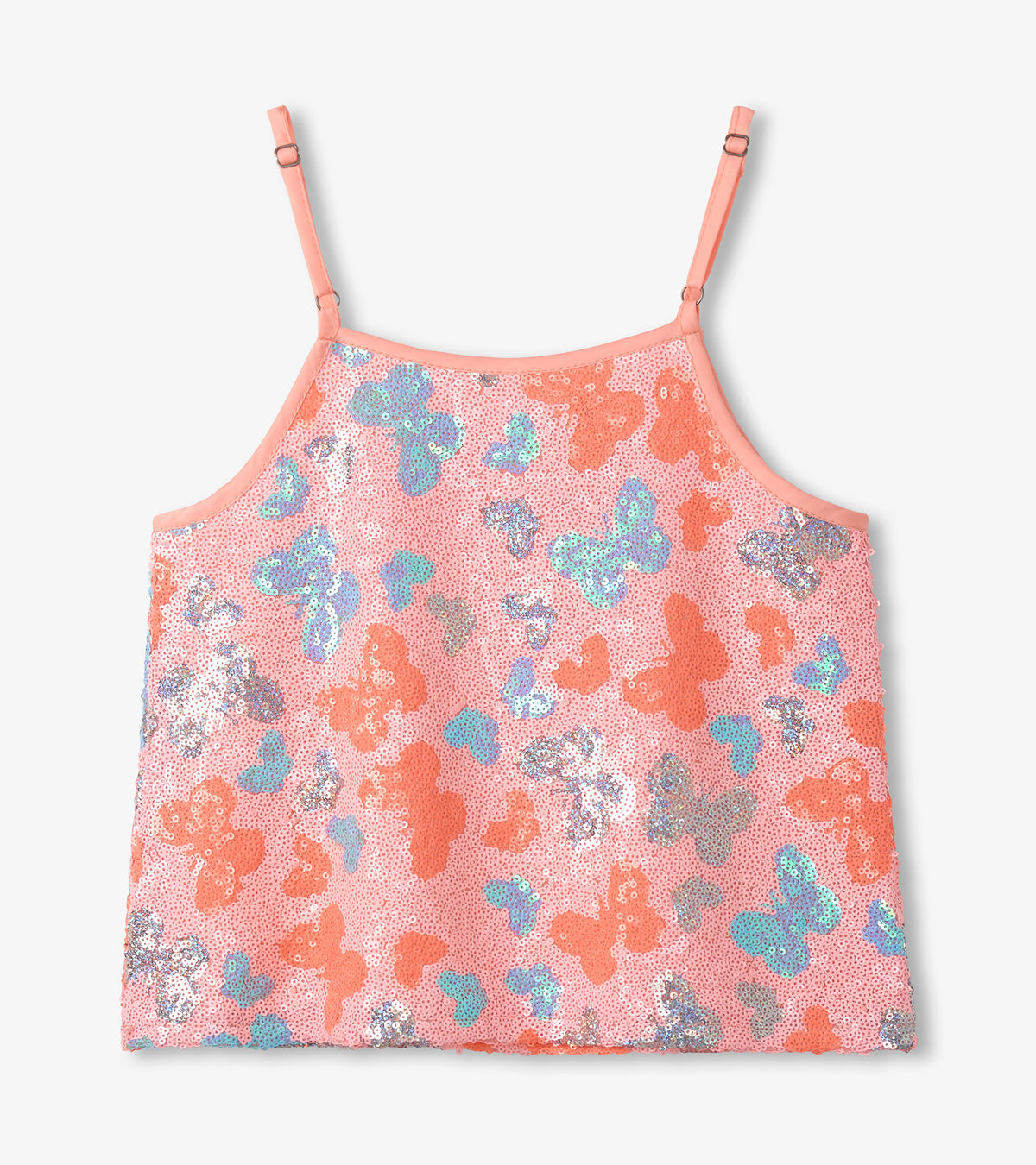 Pink sequin girls camisole top with multicolor butterfly pattern and spaghetti straps, front view