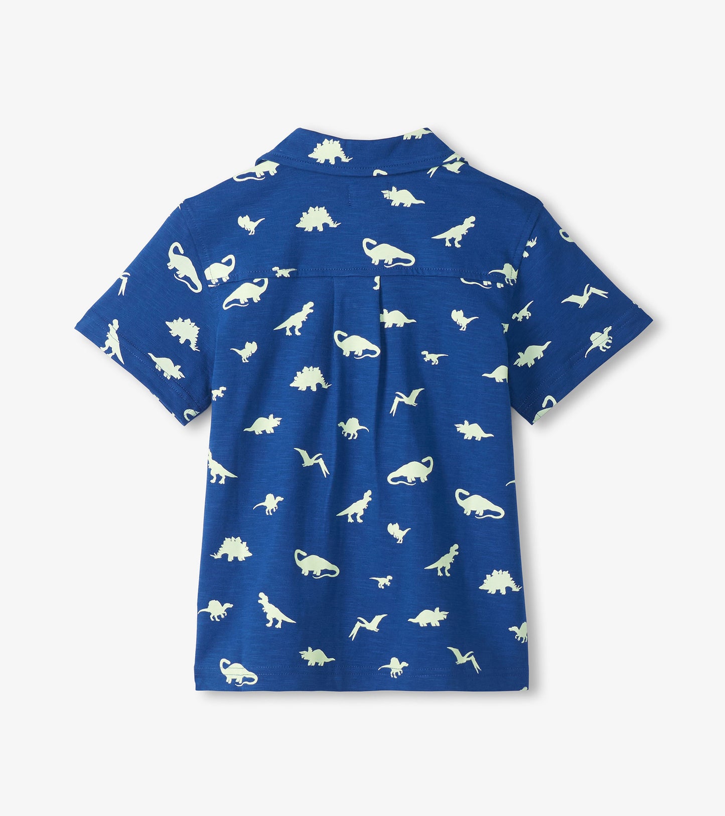 Blue short-sleeve button-down shirt with white dinosaur print, back view