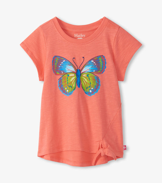 Coral girls short-sleeve T-shirt with colorful butterfly graphic and front tie hem