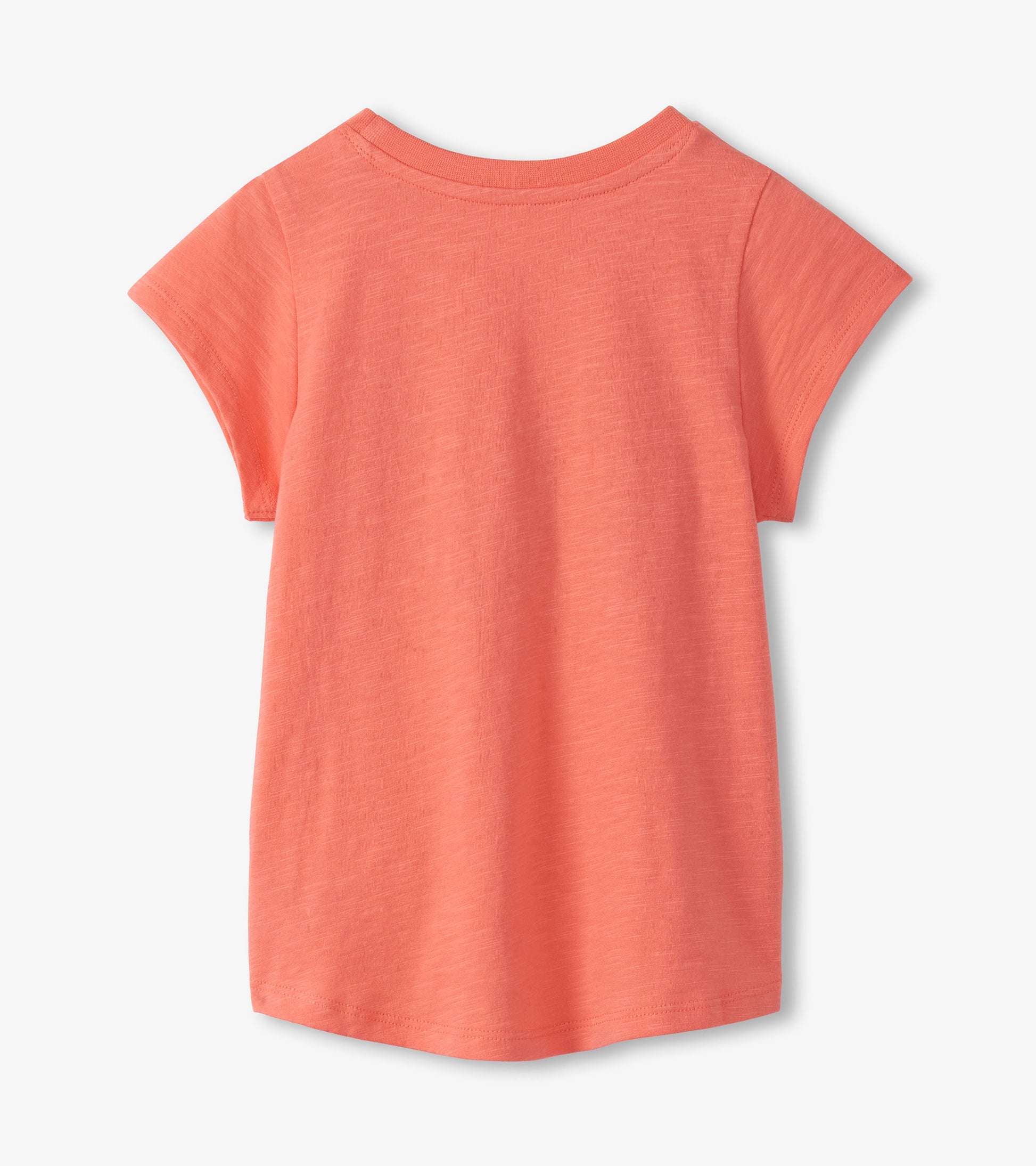 Coral short-sleeve girls T-shirt with a crew neck and tie-front hem, front view