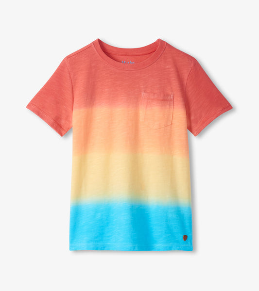 Short-sleeve crew neck T-shirt with coral-to-yellow-to-blue gradient and chest pocket, front view
