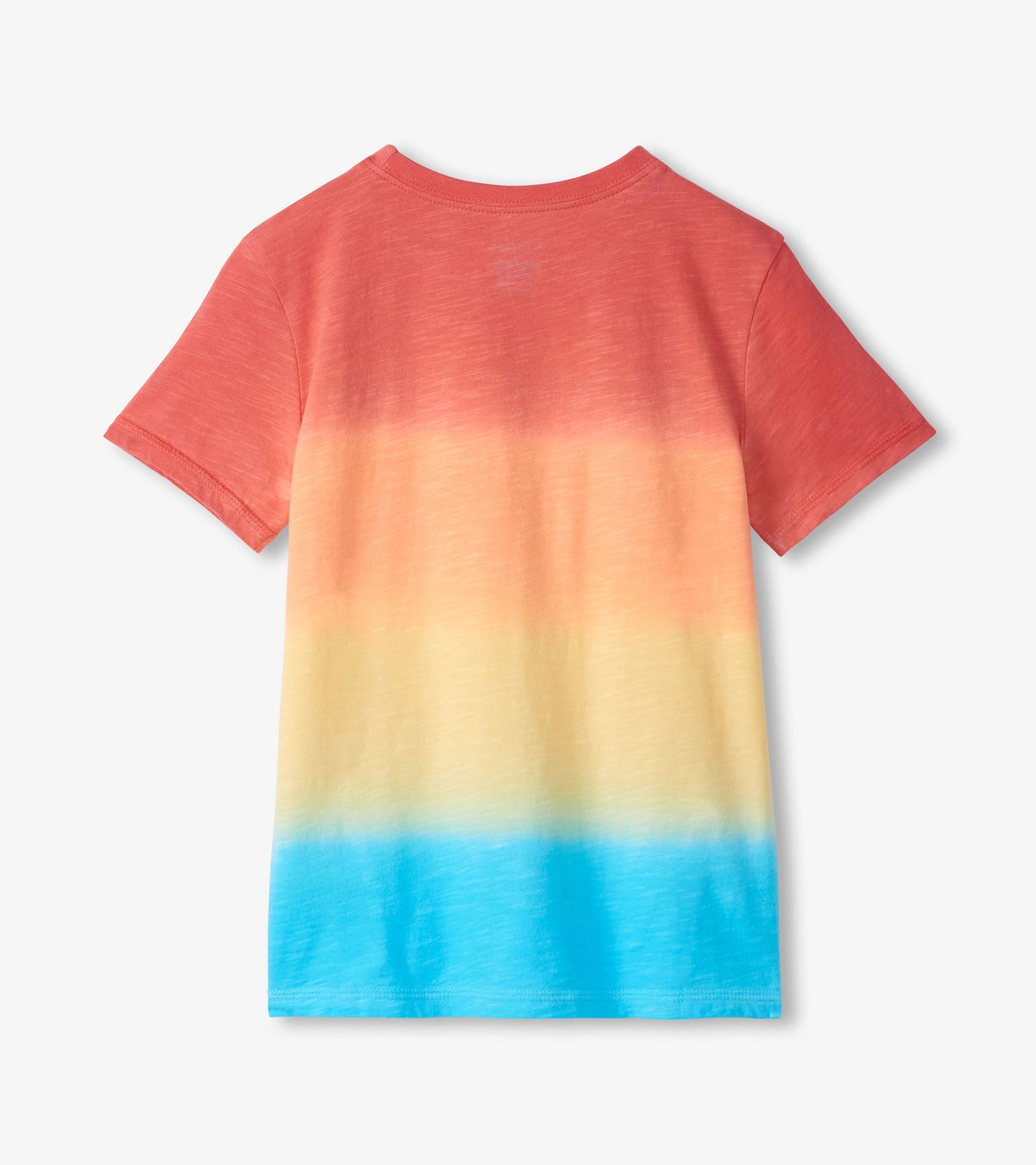 Back view of a short-sleeve crew neck T-shirt with red-to-yellow-to-blue gradient color blocks