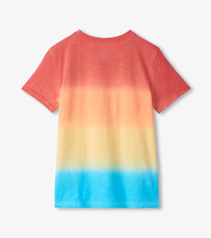 Back view of a short-sleeve crew neck T-shirt with red-to-yellow-to-blue gradient color blocks