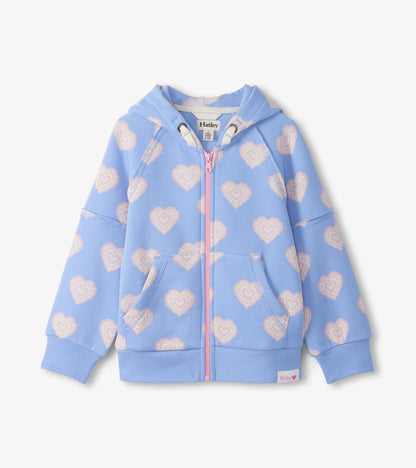 Light blue girls full-zip hoodie with pink heart print, hood, front pockets, and pink zipper