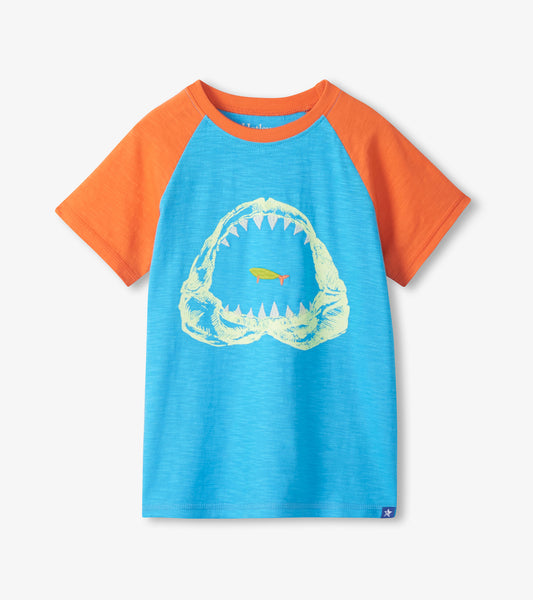 Blue and orange boys raglan T-shirt with shark mouth graphic on the front