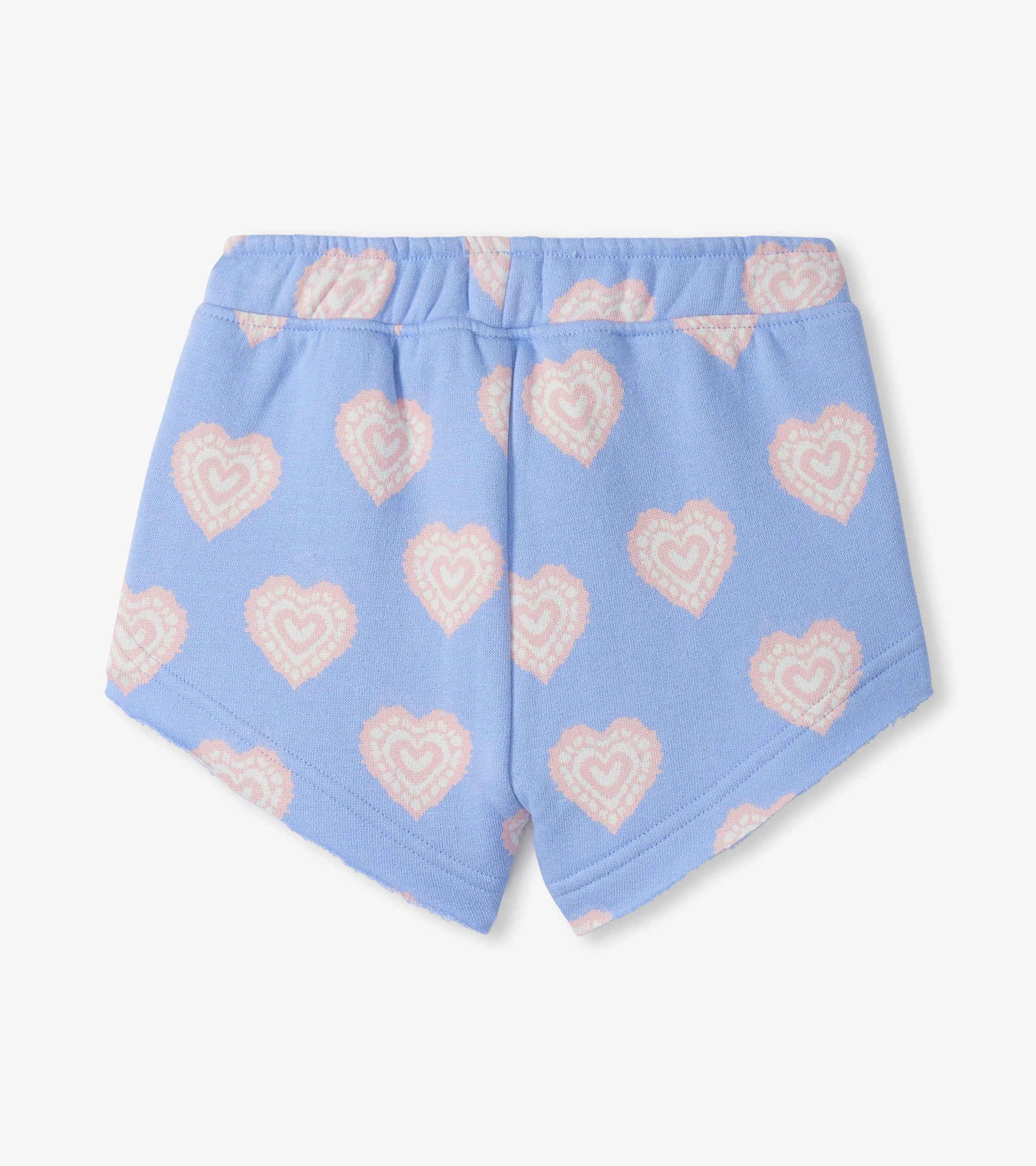 Light blue pull-on shorts with pink heart print, front view