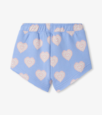 Light blue pull-on shorts with pink heart print, front view