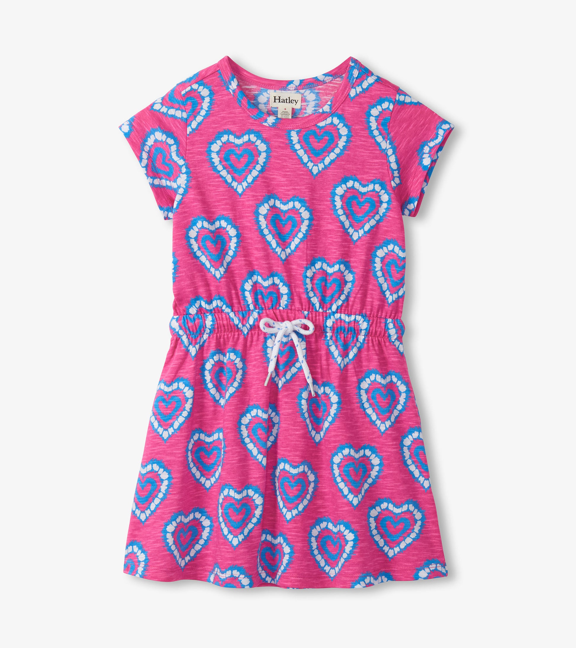 Pink short-sleeve girls dress with blue-and-white heart print and drawstring waist, front view