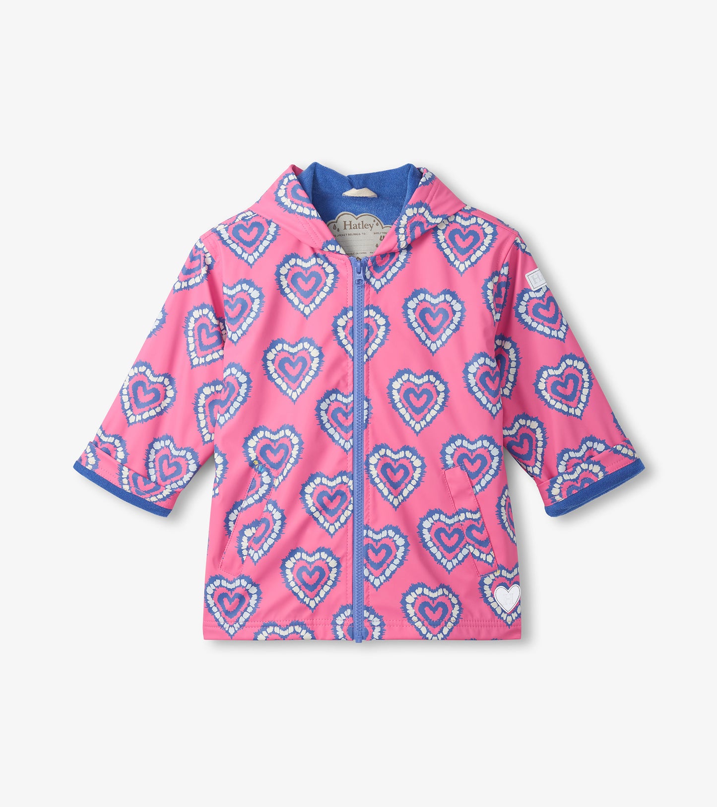 Pink hooded zip-up raincoat with blue heart burst print and blue trim, front view
