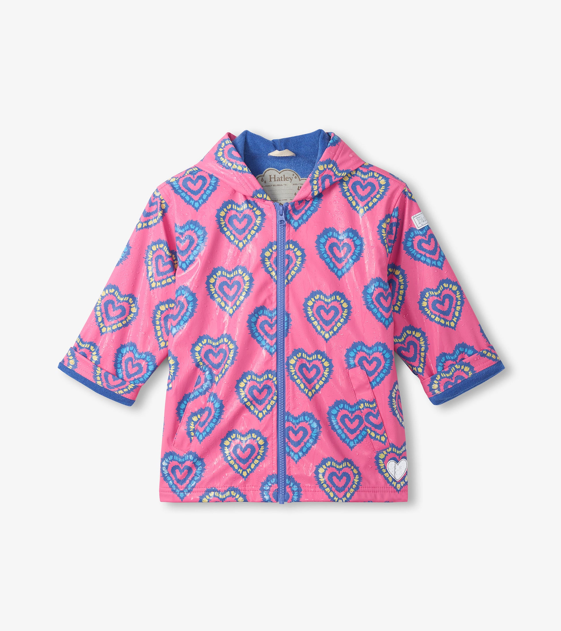 Pink hooded zip-up raincoat with blue trim and multicolor heart pattern, front view