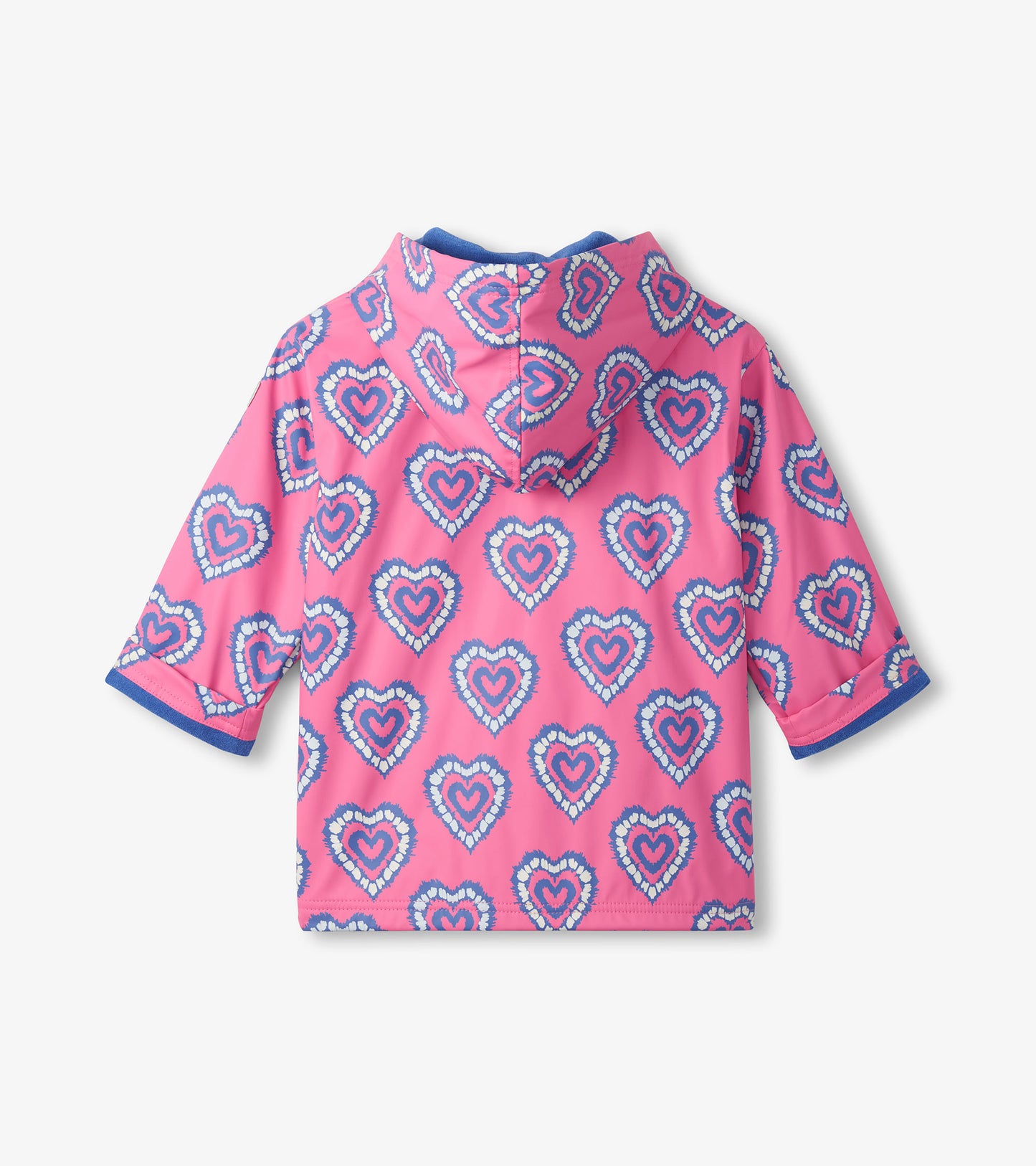Pink hooded girls raincoat with blue heart print and blue trim, back view