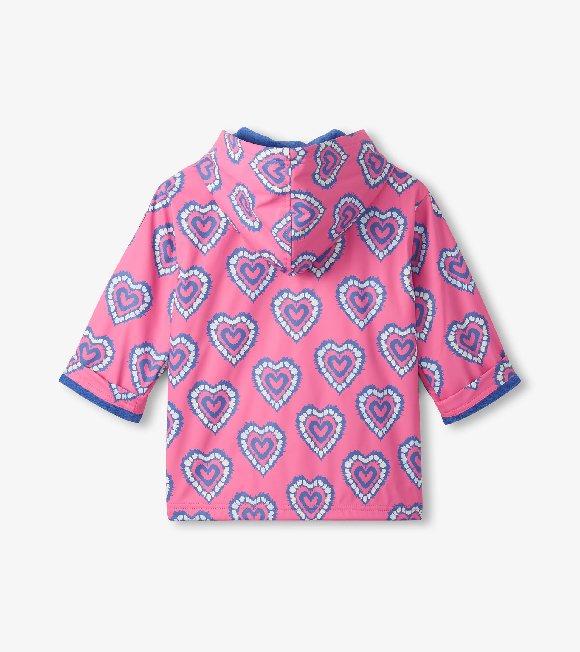 Pink hooded girls raincoat with blue heart print and blue trim, back view