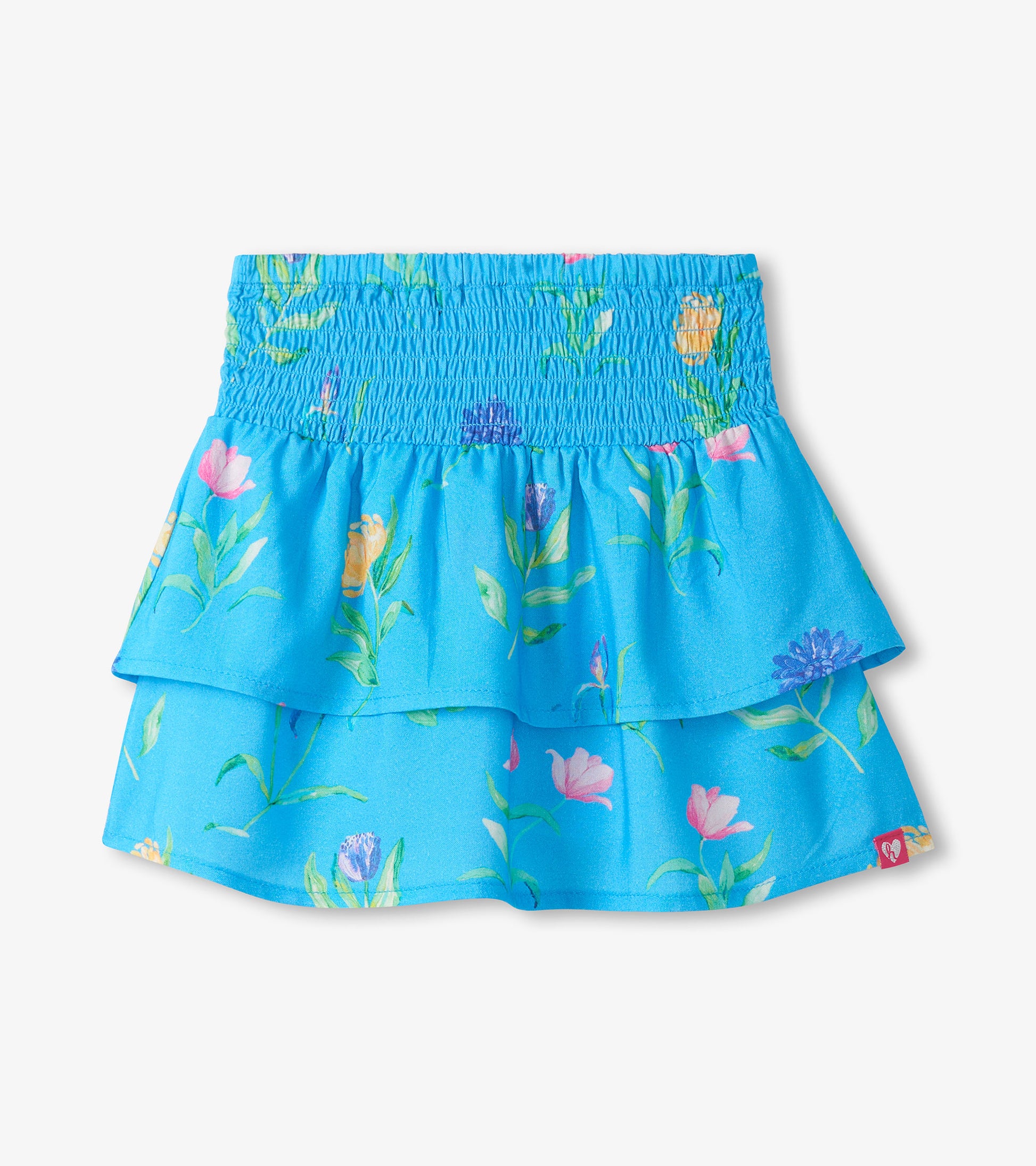 Blue girls floral print smocked waist tiered skirt