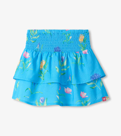 Blue girls floral print smocked waist tiered skirt