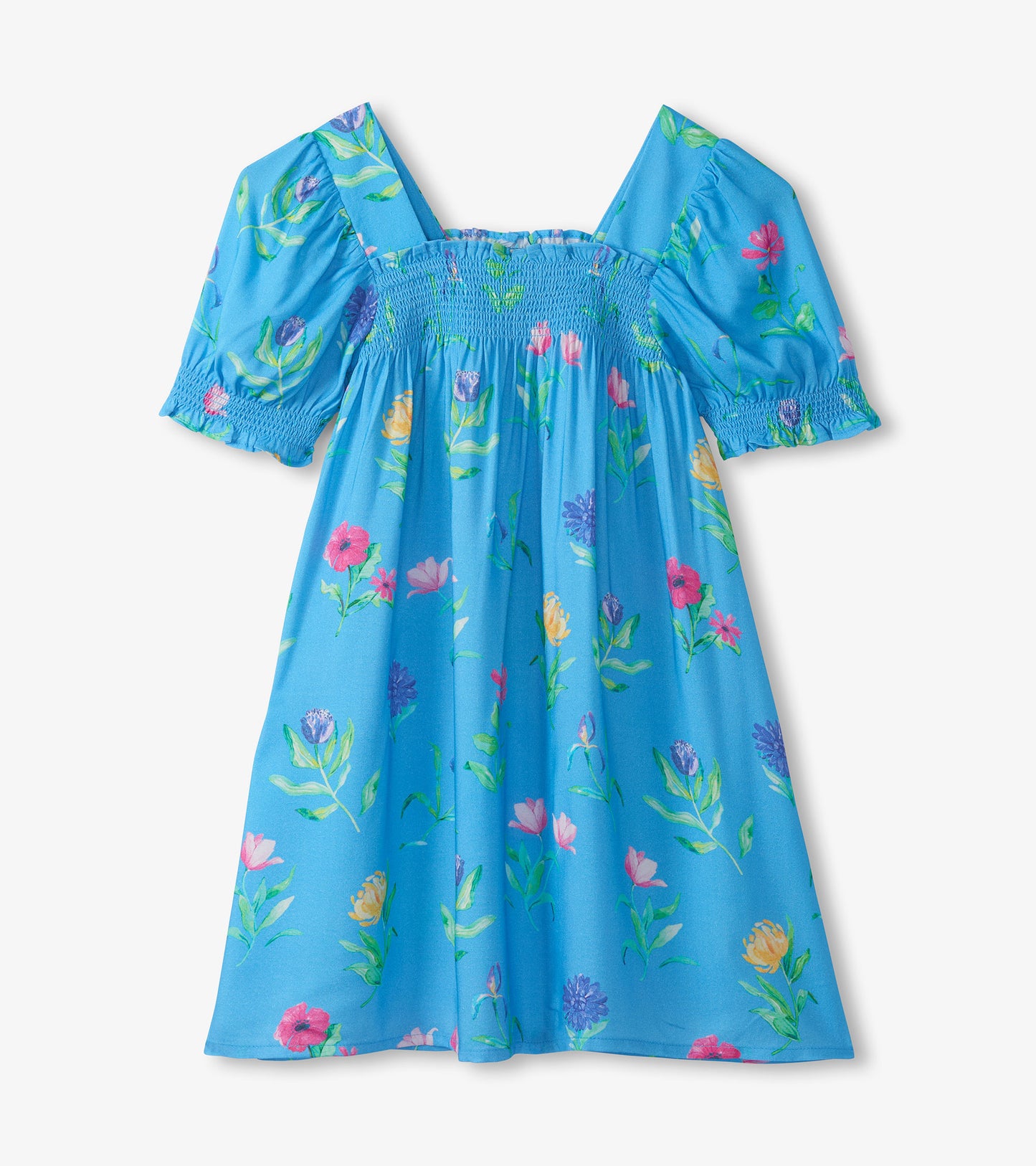 Blue girls dress with floral print, smocked bodice, puff sleeves, and flared skirt, front view