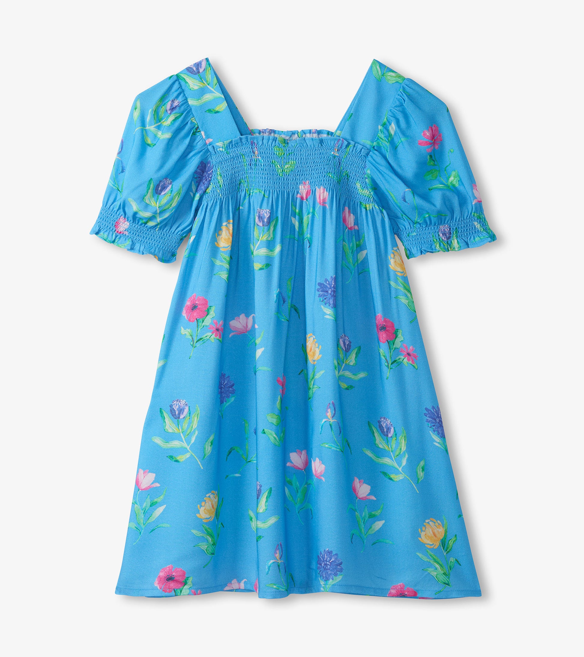 Blue girls dress with floral print, smocked bodice, puff sleeves, and flared skirt, front view