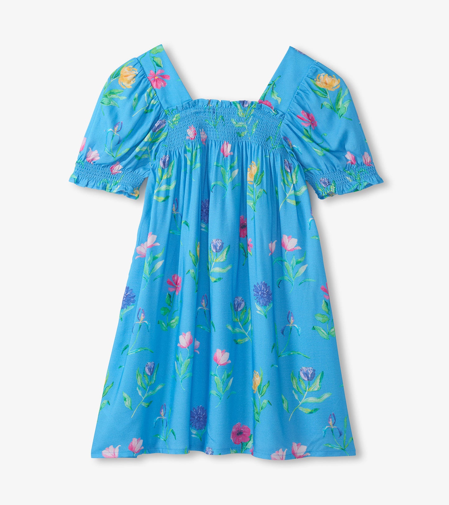 Blue girls dress with floral print, smocked bodice, puff sleeves, and knee-length skirt, front view
