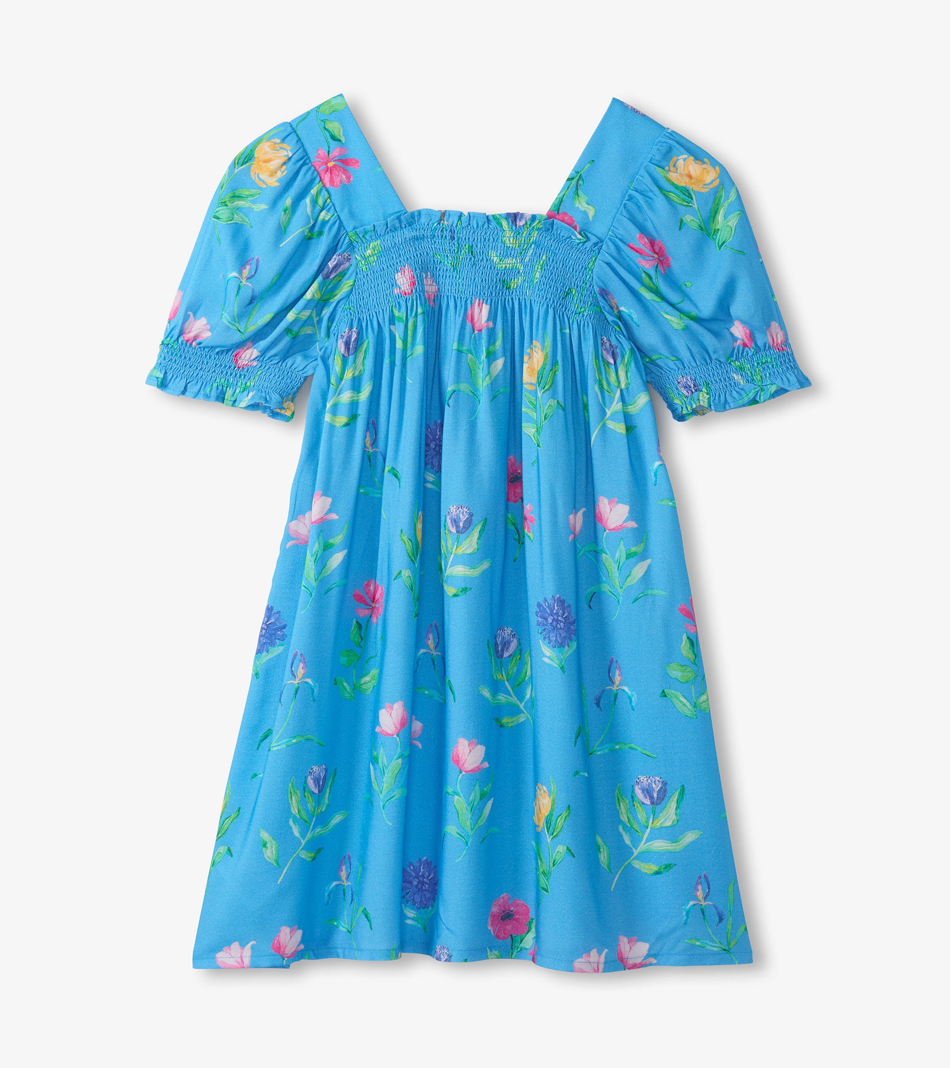 Blue girls dress with floral print, smocked bodice, puff sleeves, and knee-length skirt, front view